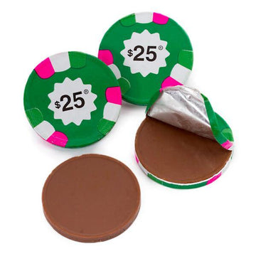 Madelaine Foiled Milk Chocolate Poker Chips - $25 Green: 5LB Bag - Candy Warehouse
