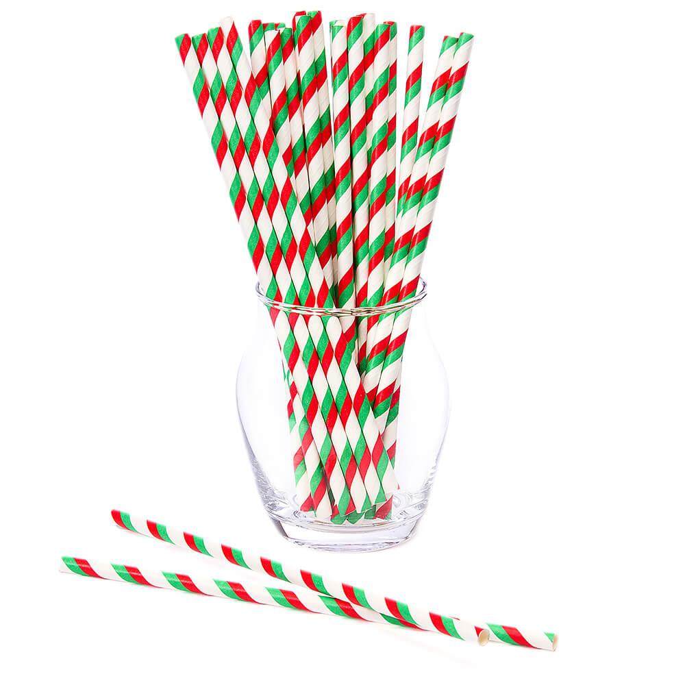 Paper 7.75-Inch Drinking Straws - Christmas Red and Green Stripes: 25-Piece  Pack