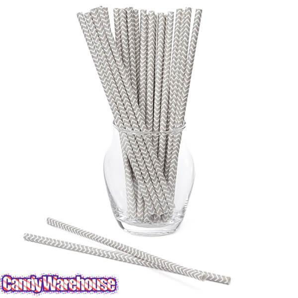 Paper 7.75-Inch Drinking Straws - Grey Chevron Stripes: 25-Piece Pack - Candy Warehouse