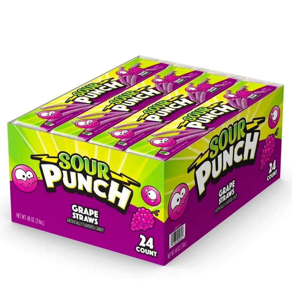 Sour Punch Straws 2Ounce Packs Grape 24Piece Box Candy Warehouse