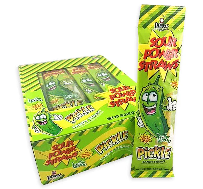 Sour Power Candy Straws Peg Bags - Pickle: 24-Piece Box