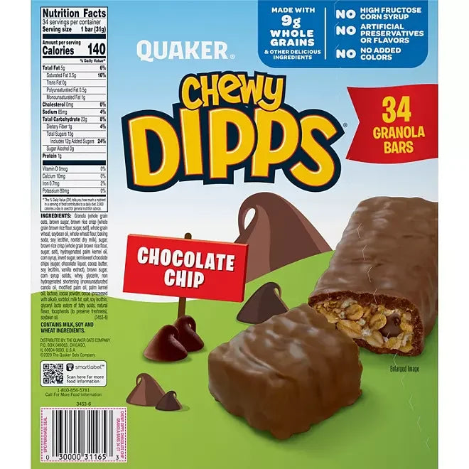 Quaker Chewy Dipps Chocolate Chip Granola Bars: 34-Piece Box