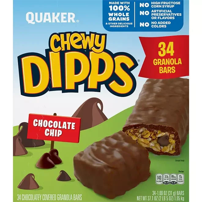Quaker Chewy Dipps Chocolate Chip Granola Bars: 34-Piece Box