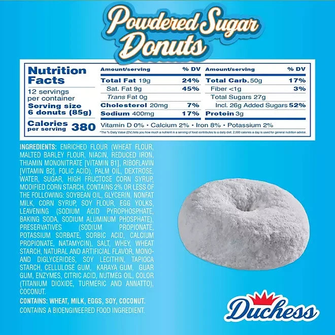 Duchess Mini Powdered Sugar Donut Pack: 12-Piece Box