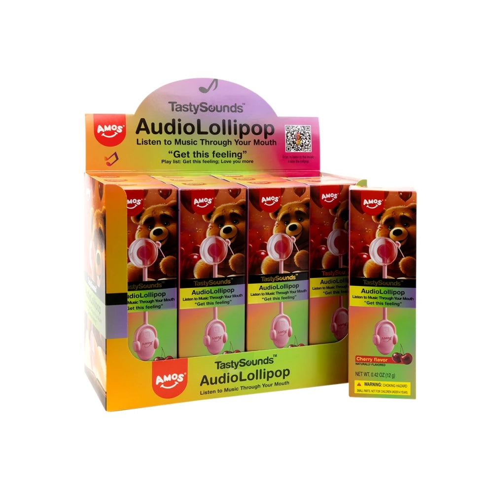 Amos TastySounds Cherry "Get This Feeling" Audio Lollipop: 24-Piece Display Box