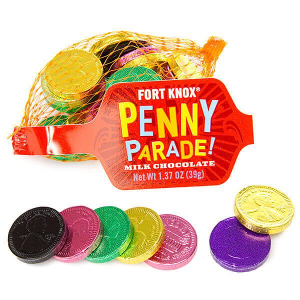 Assorted Colors Foiled Milk Chocolate Penny Parade Coins in Mesh Bags: 20-Piece Box - Candy Warehouse