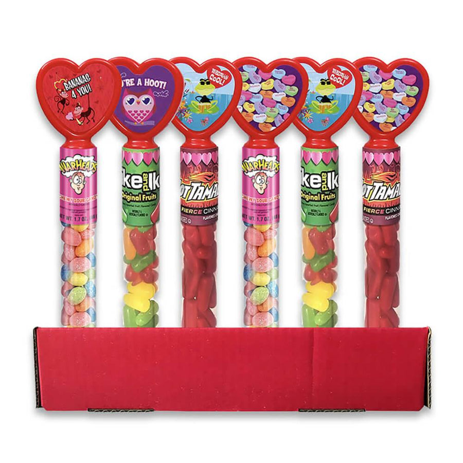 Bee International Candy Hearts Tubes - Mike & Ike, Hot Tamales, and Warheads: 24-Piece Display - Candy Warehouse