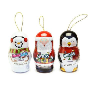 Bee International Candy Tin Christmas Ornaments - Santa, Snowman and Penguin: 12-Piece Box - Candy Warehouse