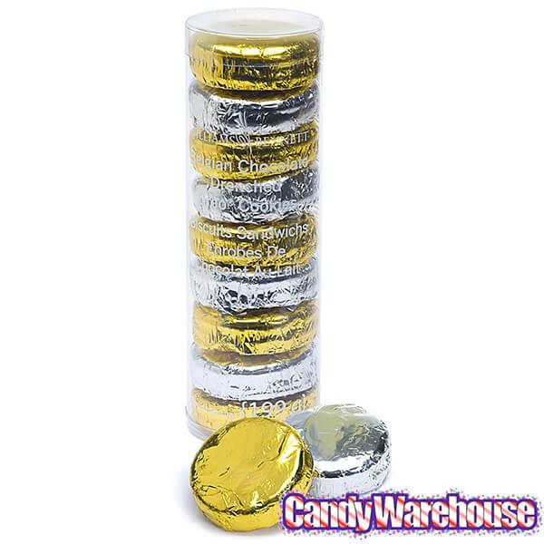 Belgian Milk Chocolate Covered Oreo Cookies - Gold and Silver Foiled: 9-Piece Gift Tube - Candy Warehouse