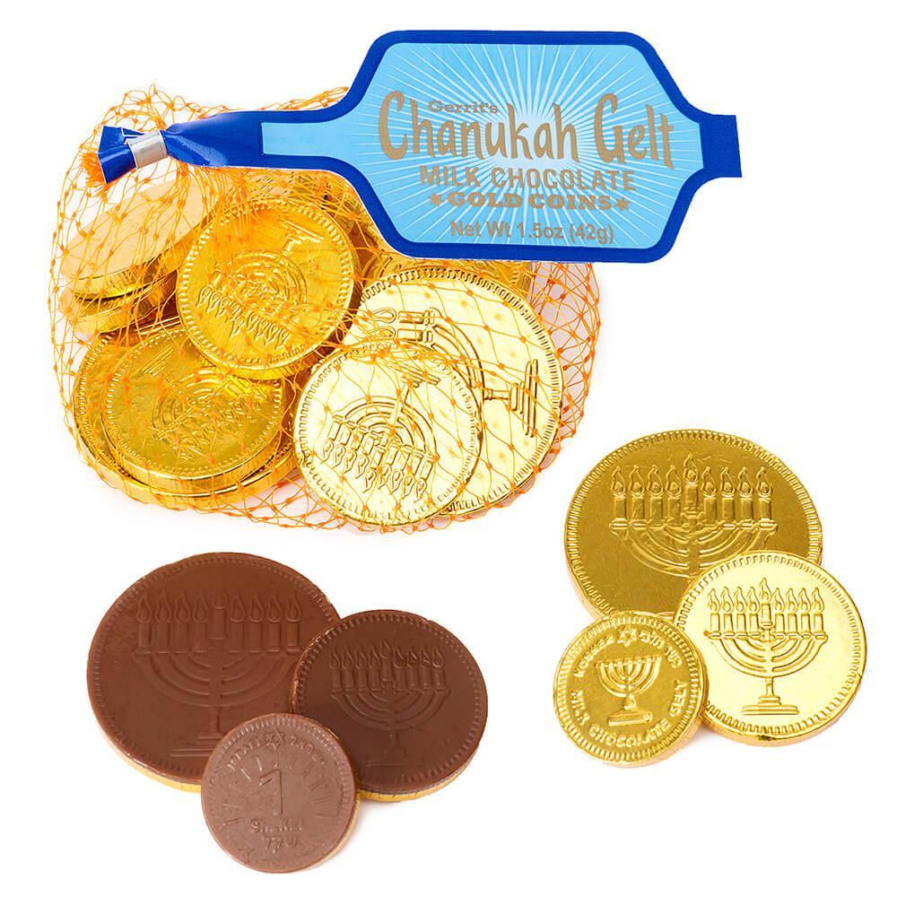 Chanukah Gelt Milk Chocolate Gold Coins in Mesh Bags: 18-Piece Box - Candy Warehouse