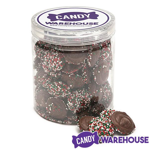 Christmas Milk Chocolate Nonpareils Discs: 1LB Jar - Candy Warehouse