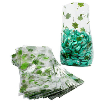 Clear Cello Candy Bags with St Patrick's Day Clovers: 100-Piece Box - Candy Warehouse