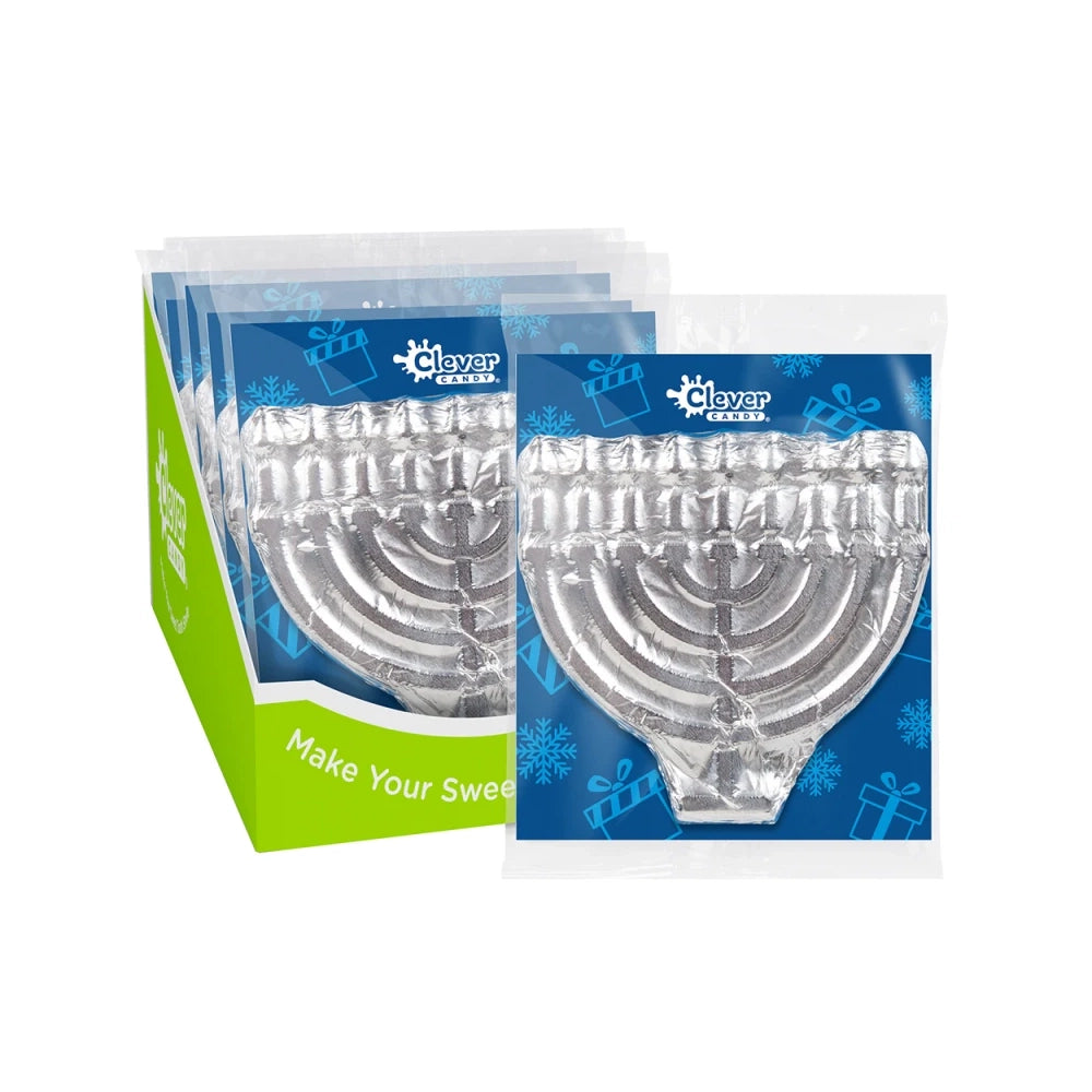 Clever Candy Silver Foiled Milk Chocolate Menorah: 18-Piece Case
