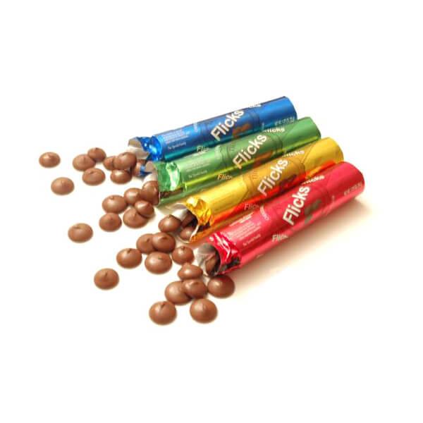 Flicks Chocolate Wafers Candy Tubes: 12-Piece Box - Candy Warehouse