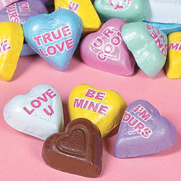 Foiled Conversation Milk Chocolate Candy Hearts: 4LB Bag - Candy Warehouse