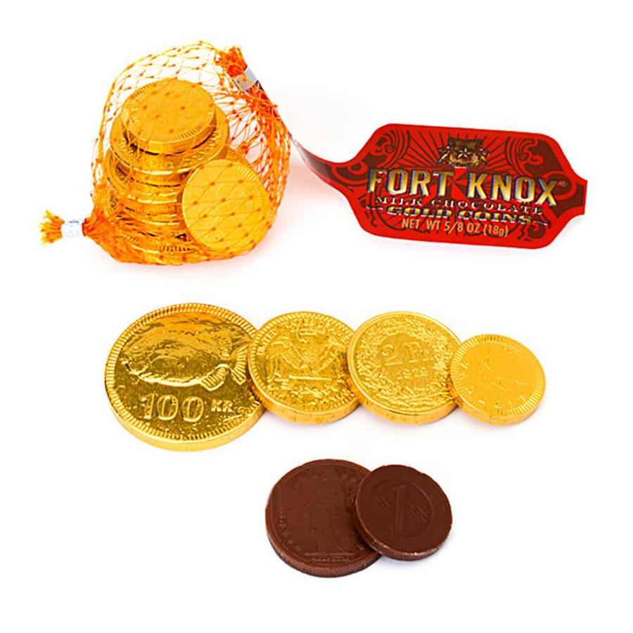Fort Knox Gold Foiled Milk Chocolate Coins in Mesh Bags: 30-Piece Box - Candy Warehouse