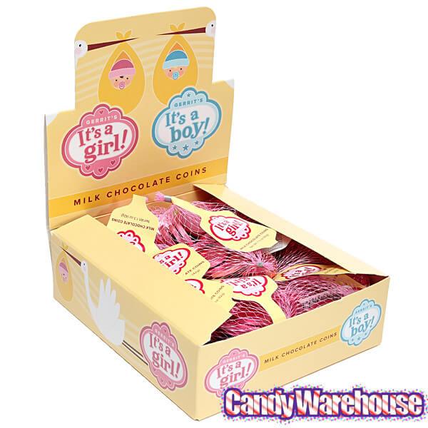 It's a Girl Foiled Chocolate Coins in Mesh Bags: 18-Piece Box - Candy Warehouse