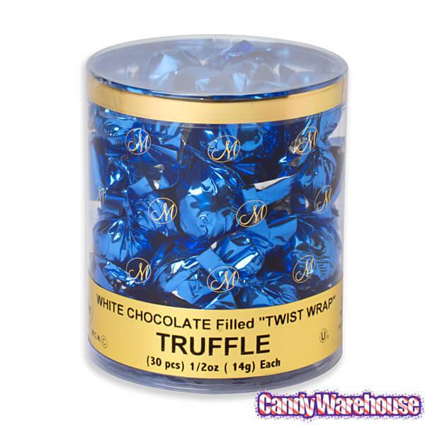 Madelaine Blue Foiled White Chocolate Filled Truffles: 30-Piece Tub - Candy Warehouse