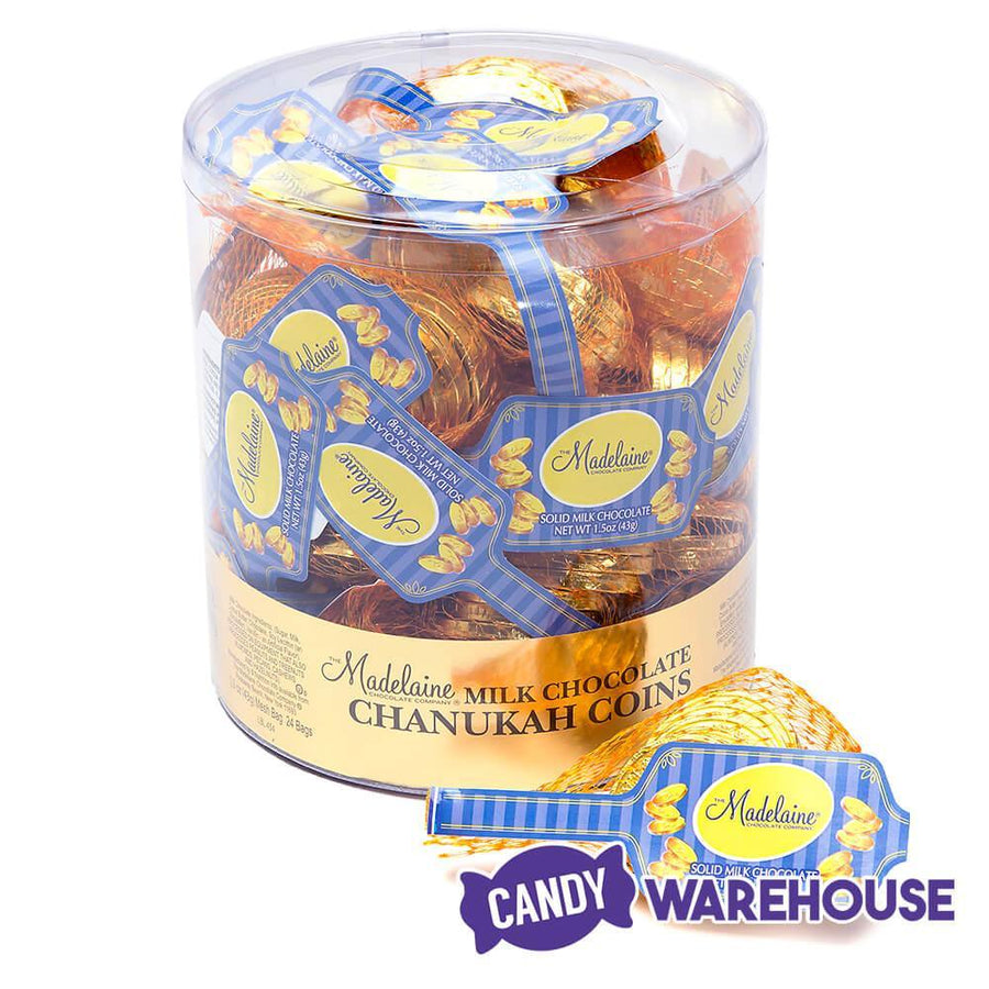 Madelaine Chanukah Gelt Gold Foiled Milk Chocolate Coins in Mesh Bags: 24-Piece Tub - Candy Warehouse