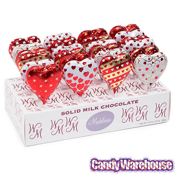Madelaine Foiled Chocolate Heart Pops: 24-Piece Display - Candy Warehouse