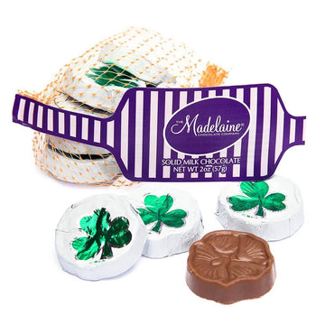 Madelaine Foiled Milk Chocolate Clover Discs 2-Ounce Mesh Bags: 20-Piece Tub - Candy Warehouse