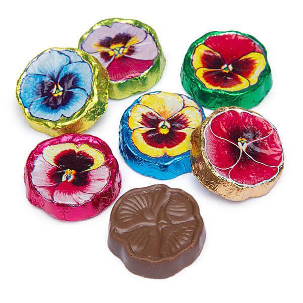 Madelaine Foiled Milk Chocolate Flower Wafers - Pansies: 5LB Bag - Candy Warehouse