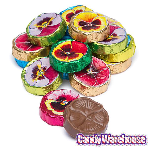 Madelaine Foiled Milk Chocolate Flower Wafers - Pansies: 5LB Bag - Candy Warehouse