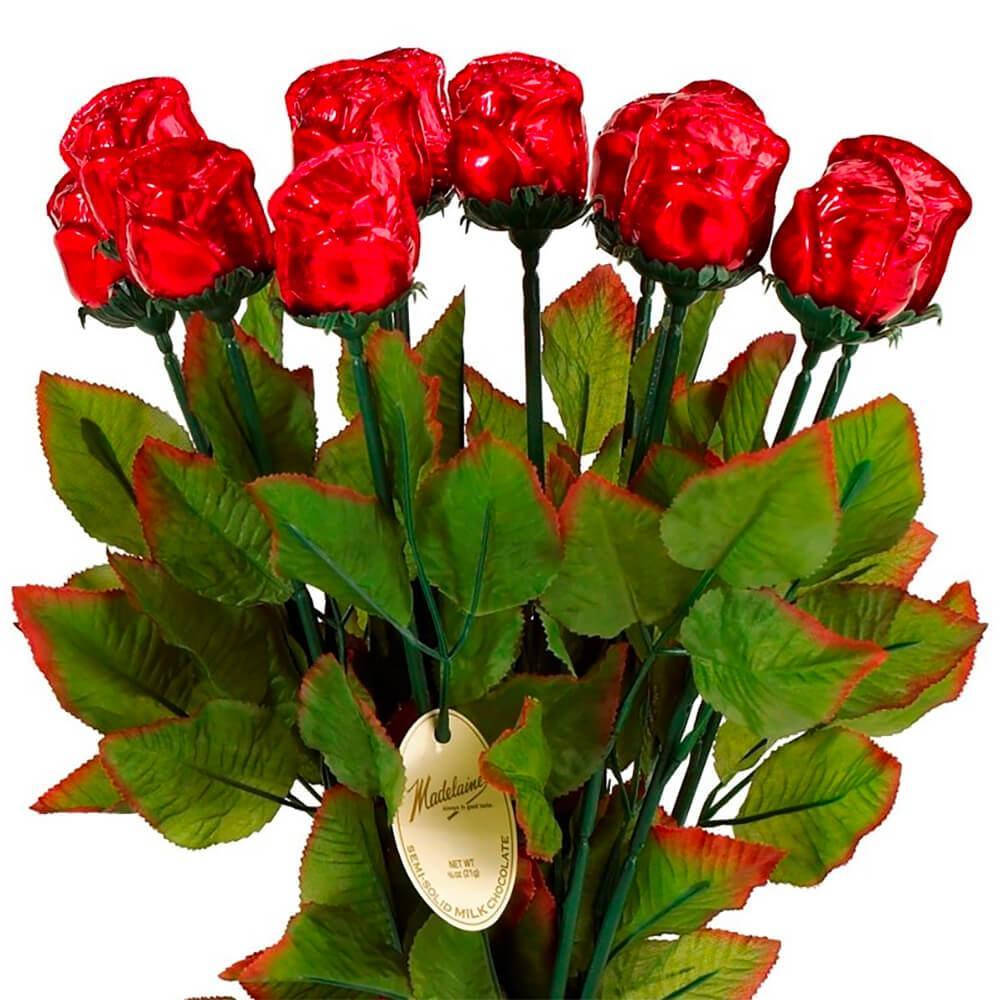 Madelaine Foiled Milk Chocolate Long Stem Roses - Red: 12-Piece Bunch - Candy Warehouse