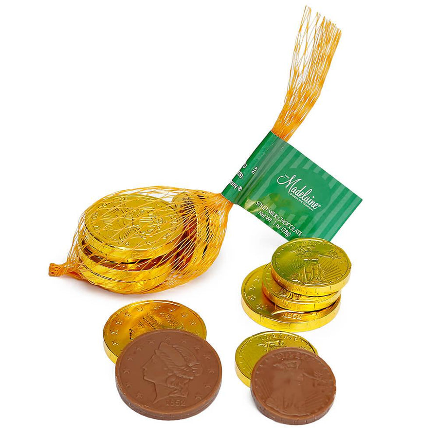 Madelaine Gold Foiled Milk Chocolate Coins 1-Ounce Mesh Bags: 48-Piece Box - Candy Warehouse
