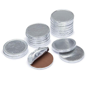 Madelaine Silver Foiled Milk Chocolate Coins - Blank: 5LB Bag - Candy Warehouse