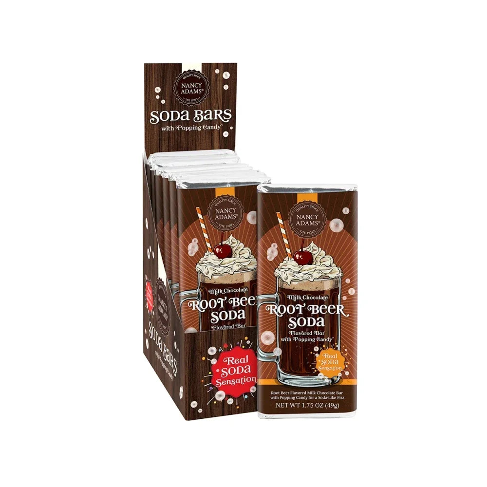 Nancy Adams Root Beer Soda Milk Chocolate Bar with Popping Candy: 12-Piece Box
