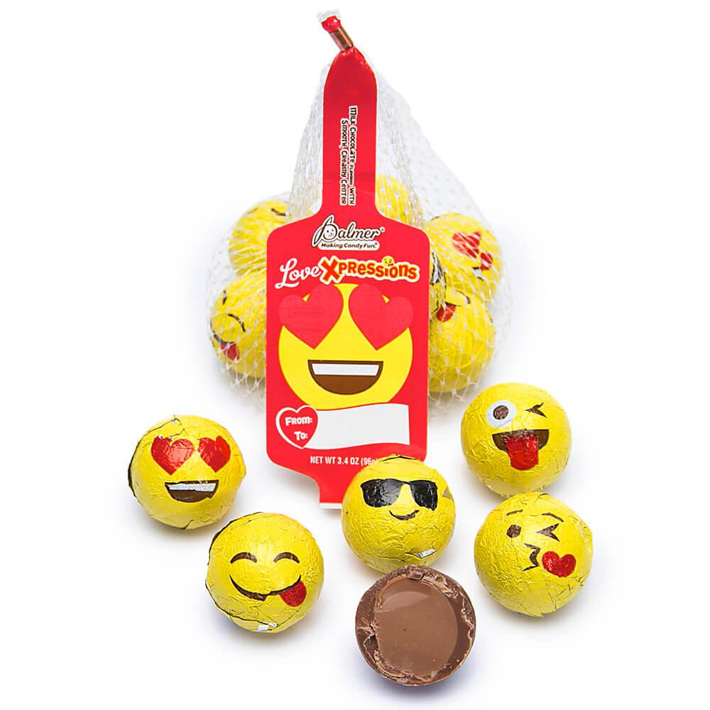 Palmer Love Xpressions Valentine Emojis Foiled Chocolate Balls in Mesh Bags: 18-Piece Box - Candy Warehouse