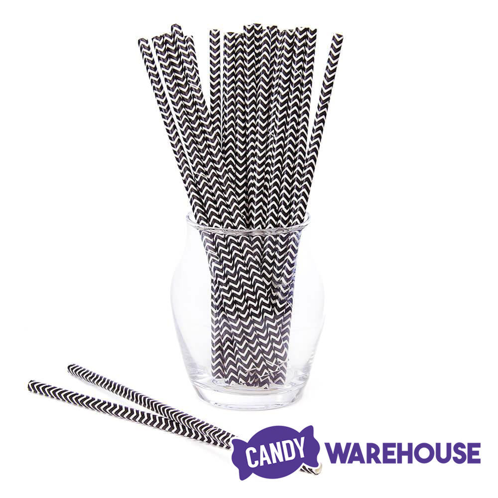 Paper 7.75-Inch Drinking Straws - Black Chevron Stripes: 25-Piece Pack - Candy Warehouse