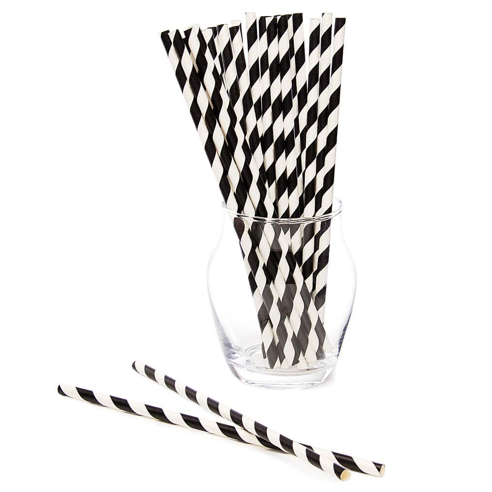 Paper 7.75-Inch Drinking Straws - Black Stripes: 25-Piece Pack - Candy Warehouse