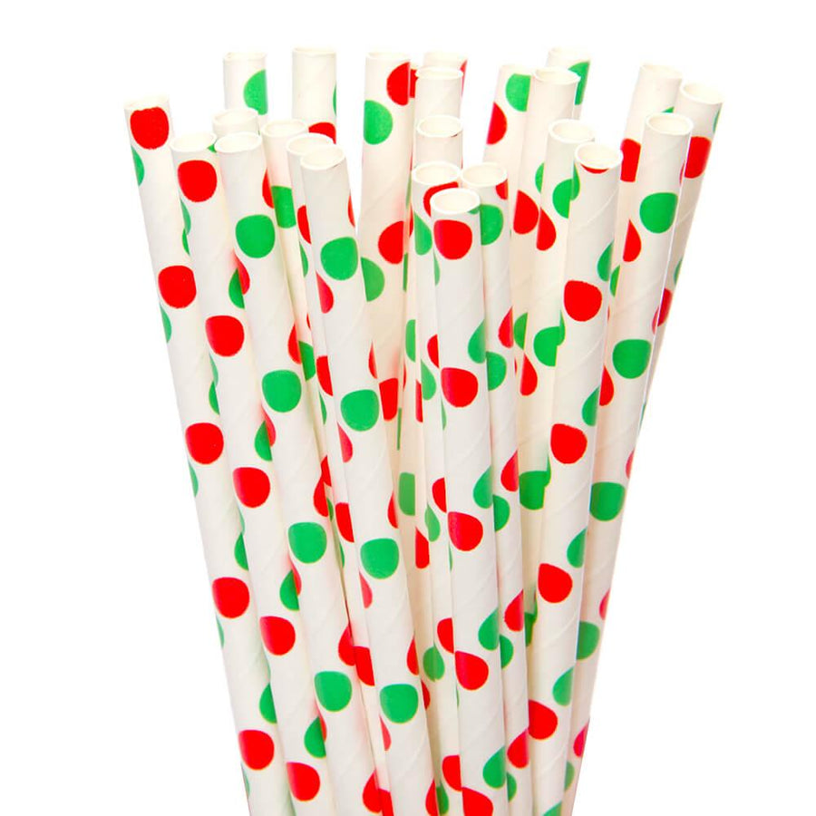 Paper 7.75-Inch Drinking Straws - Christmas Red and Green Polka Dots: 25-Piece Pack - Candy Warehouse