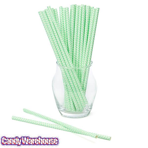 Paper 7.75-Inch Drinking Straws - Mint Green Chevron Stripes: 25-Piece Pack - Candy Warehouse