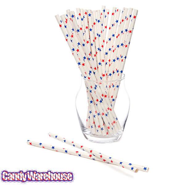 Paper 7.75-Inch Drinking Straws - Patriotic Red and Blue Stars: 25-Piece Pack - Candy Warehouse