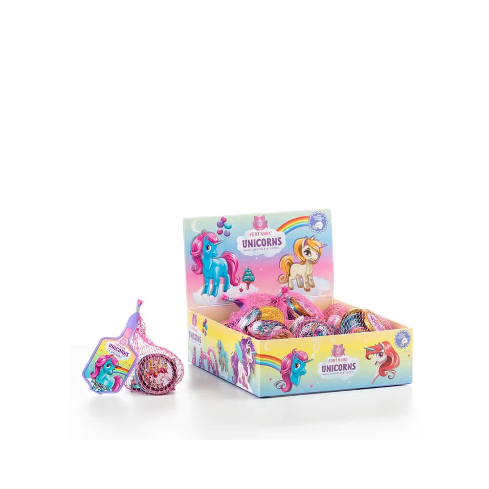 Rainbow Unicorn Foiled Milk Chocolate Coins in Mesh Bags: 18-Piece Box - Candy Warehouse