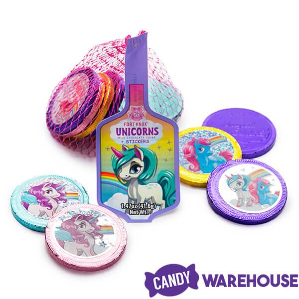 Rainbow Unicorn Foiled Milk Chocolate Coins in Mesh Bags: 18-Piece Box - Candy Warehouse