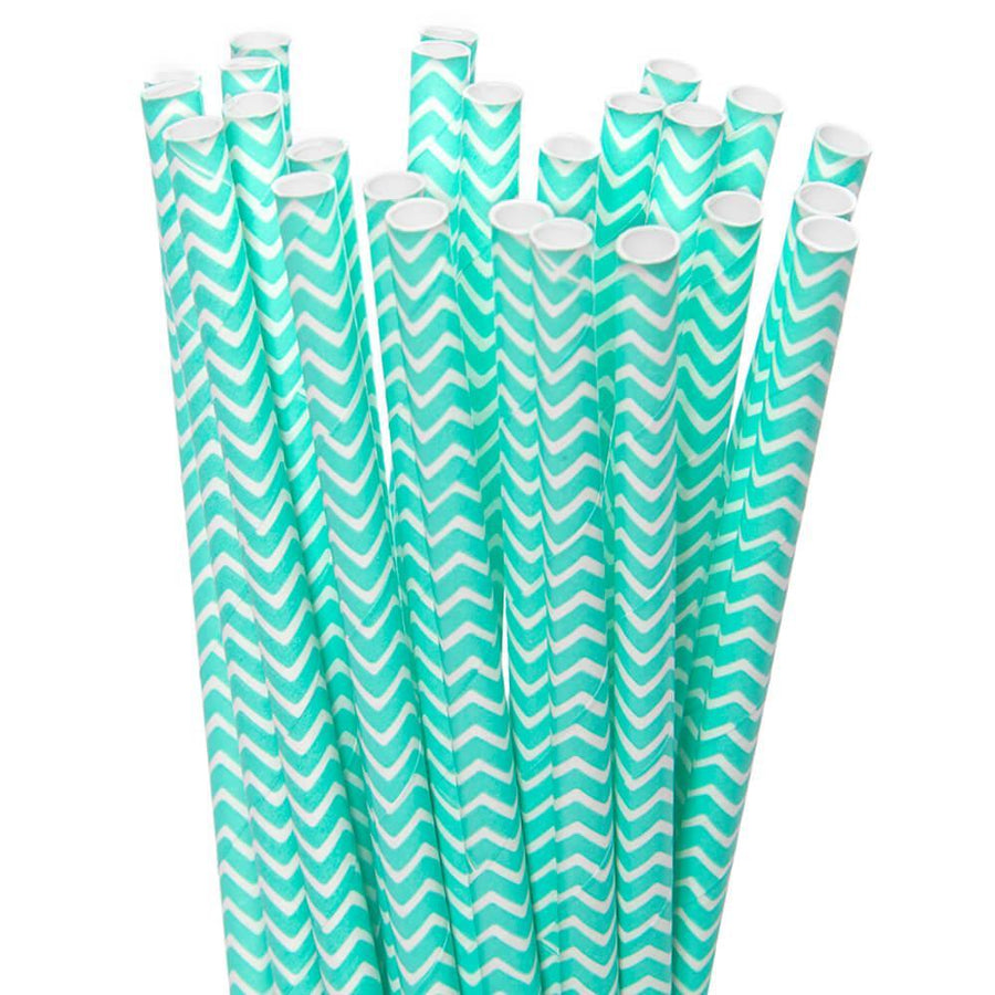 Robin Egg Blue Chevron Stripes Paper Straws: 25-Piece - Candy Warehouse