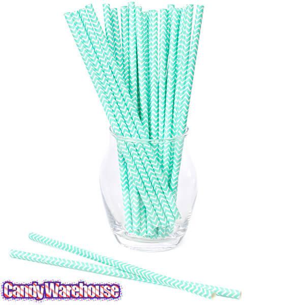 Robin Egg Blue Chevron Stripes Paper Straws: 25-Piece - Candy Warehouse