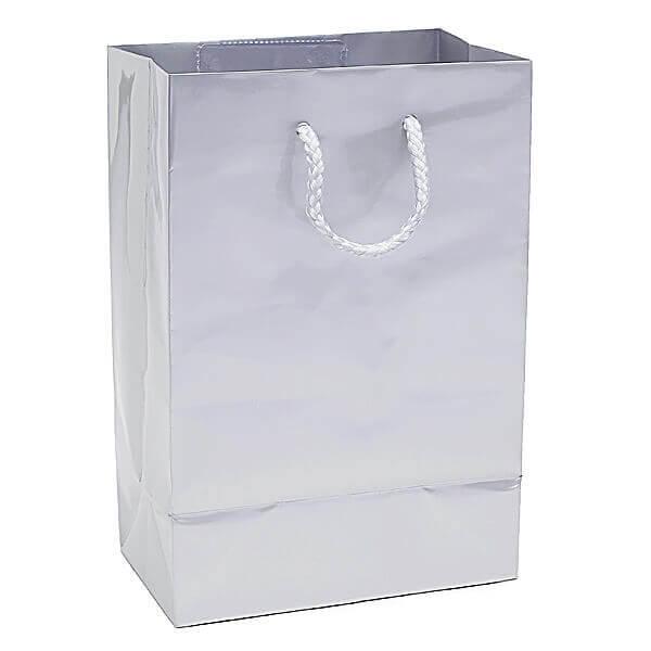 Silver Glossy Candy Bags with Handles - Small: 12-Piece Pack - Candy Warehouse