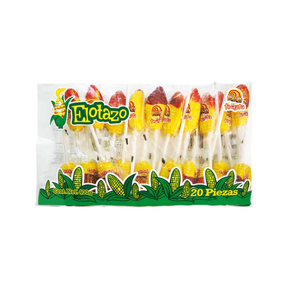 Tinajita Paleta Elotazo Chili Coated Corn Shaped Lollipops: 20-Piece Bag - Candy Warehouse