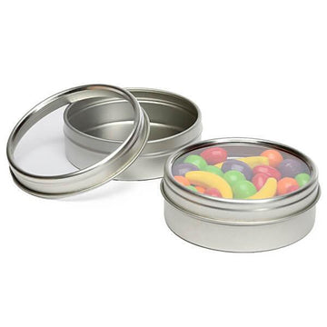 Windowed Round Candy Tins - 2-Ounce: 24-Piece Set - Candy Warehouse