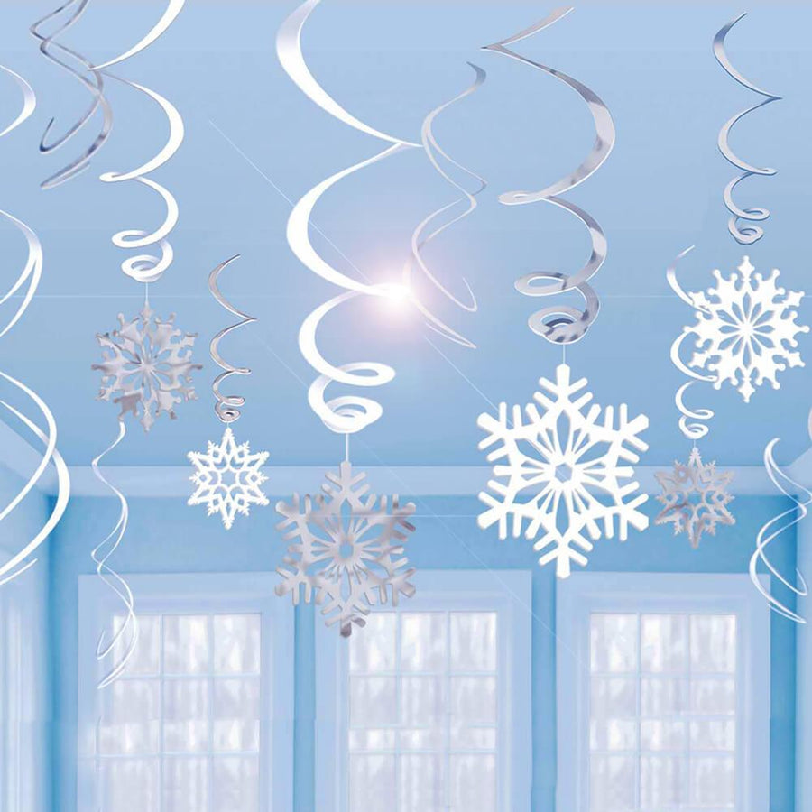 Winter Snowflake Hanging Foil Swirls: 12-Piece Pack - Candy Warehouse