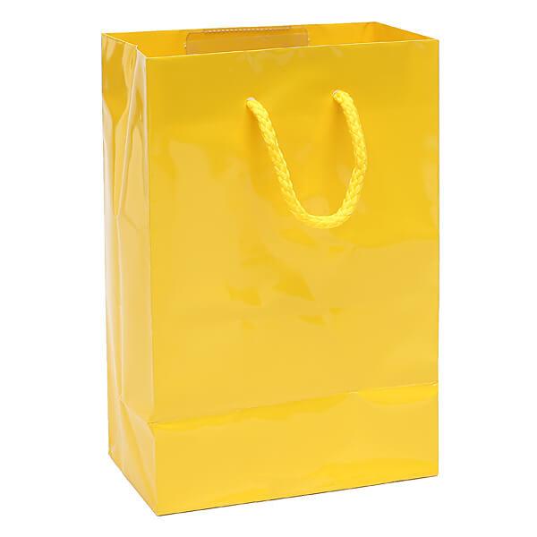 Yellow Glossy Candy Bags with Handles - Small: 12-Piece Pack - Candy Warehouse