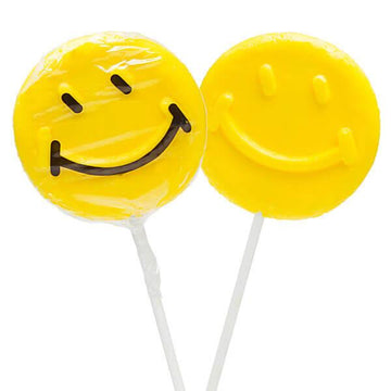 Yellow Smiley Face Lollipops: 60-Piece Case - Candy Warehouse