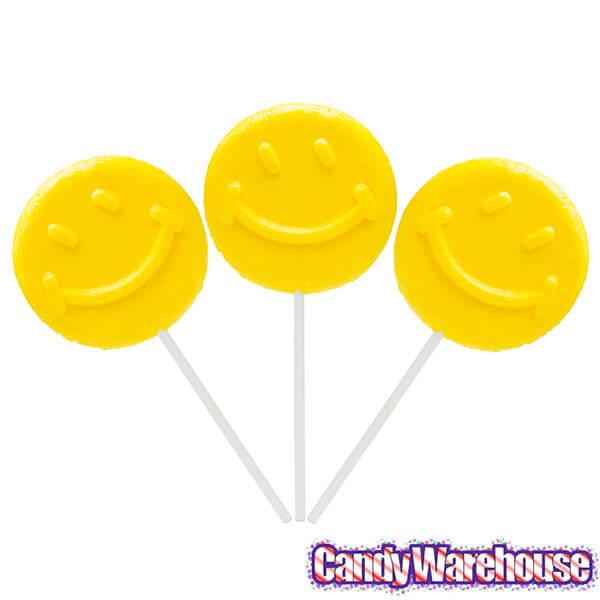 Yellow Smiley Face Lollipops: 60-Piece Case - Candy Warehouse