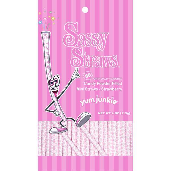 YumJunkie Sassy Straws Candy Powder Filled Mini Straws - Strawberry: 50-Piece Bag - Candy Warehouse